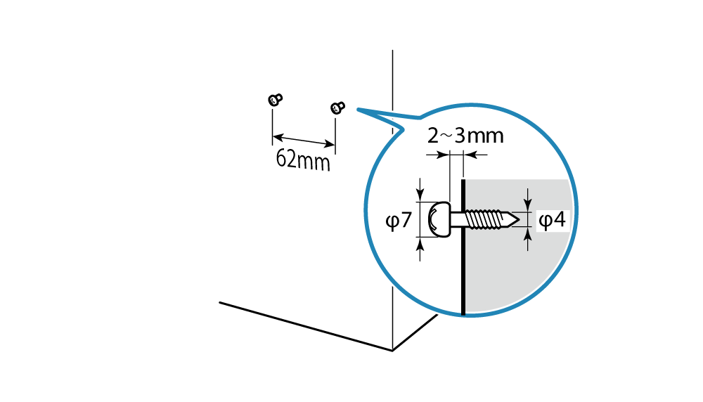 兩螺絲間距離 62 mm 螺帽與牆壁間留 2 到 3 mm 的空間，螺帽直徑大於 φ7mm。